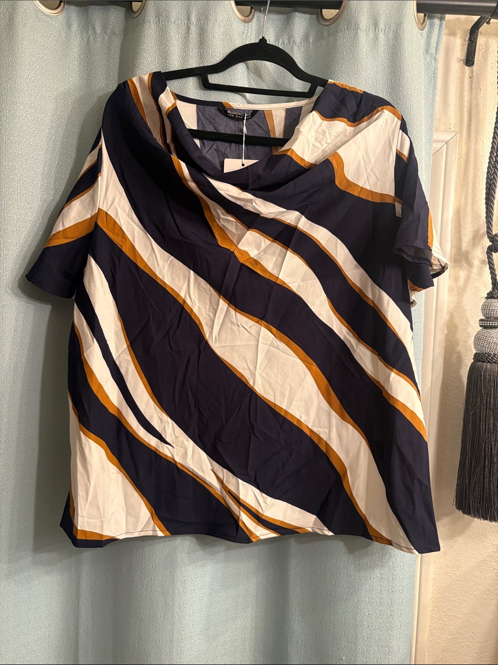 BloomChic Navy, White & Mustard Striped Draped-Neck Blouse size 14/16